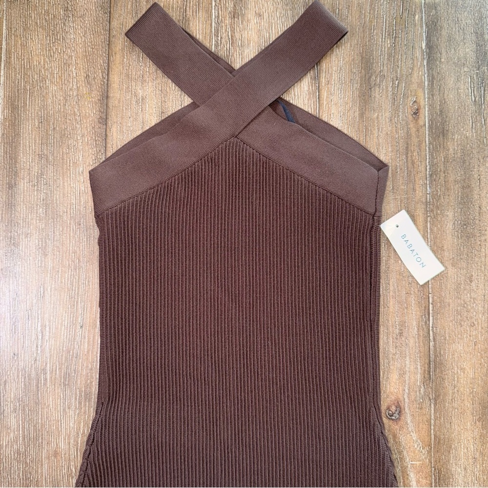 Aritzia Babaton Sculpt Knit Dress Coffee Bean Bodycon Crossover Ftont Mini - Picture 11 of 11